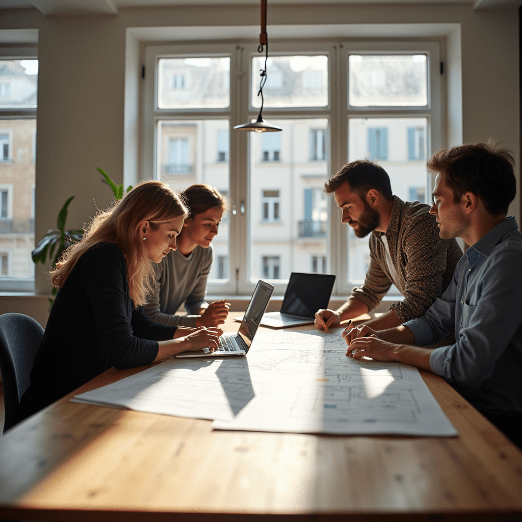 Equipo de una agencia de eventos repasando planos y presupuestos en la oficina