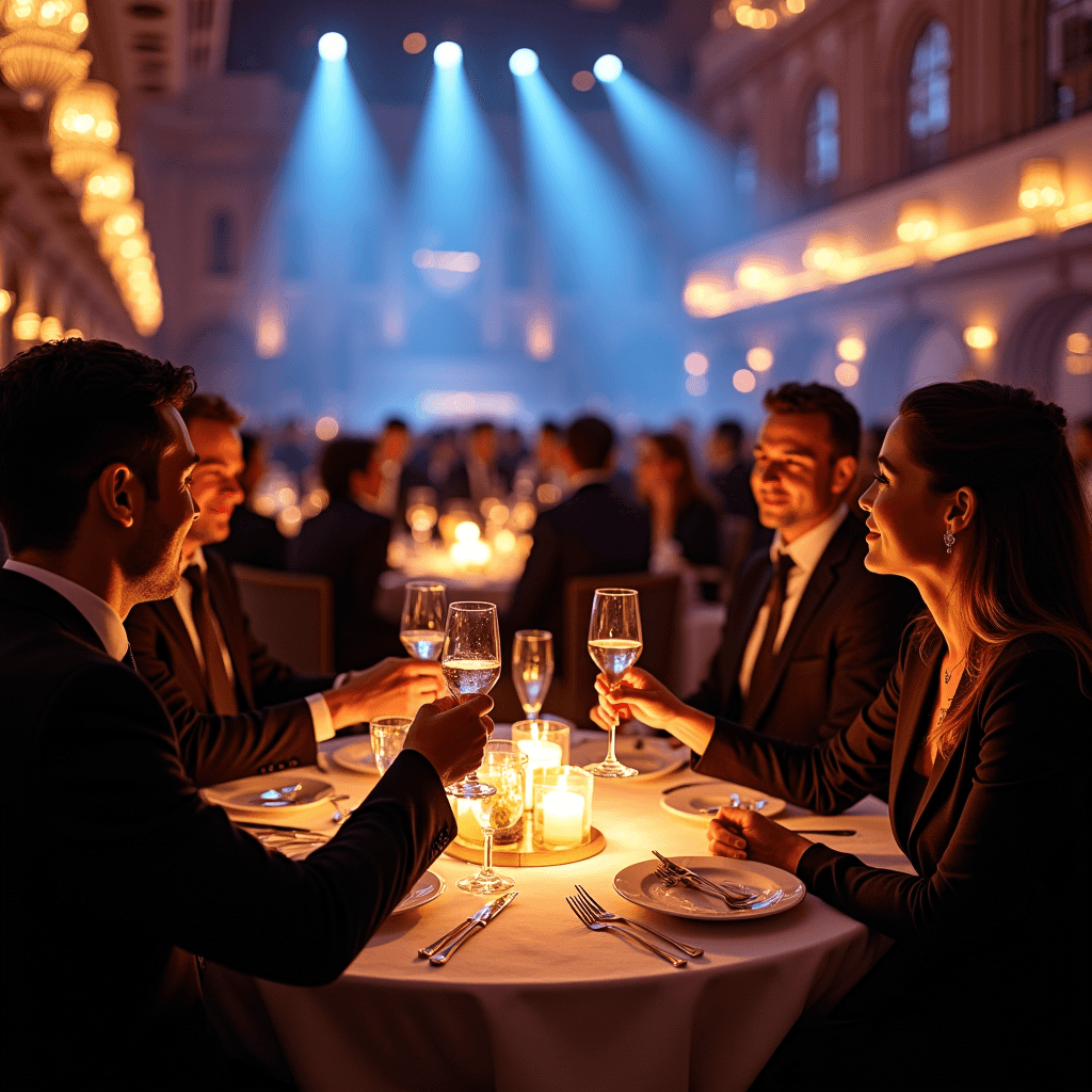Cena de gala corporativa en un palacio de congresos, brindis bajo luz cálida y azul de escenario